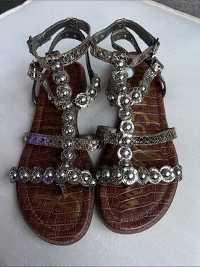 Sam Edelman Silver Metallic Embellished T-Strap Sandals